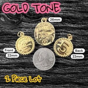 Lot of 2 CC Gold Tone Designer Assorted Zipper Pull Button Charms